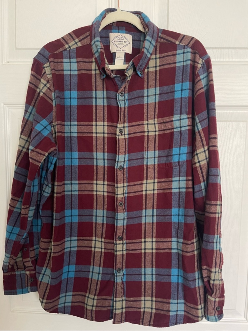 St. John's Bay Men's Flannel Burgundy and Blue Plaid Button-Down Shirt